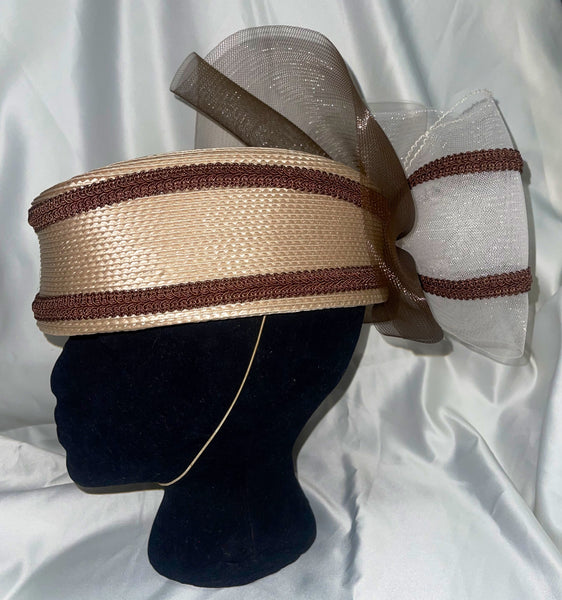 1980’s Beige and Burgundy Straw Pillbox Style Church Hat