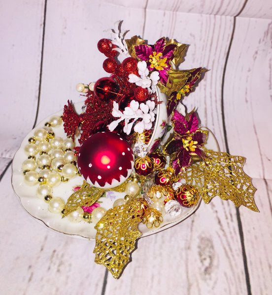 Handcrafted Cup/Saucer Floral Christmas Decor