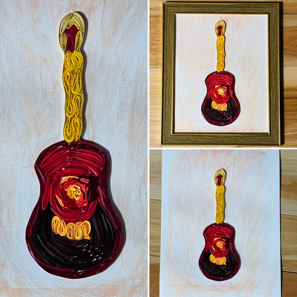 Handcrafted Quilled Paper Art Red Classic Guitar Wall Decor