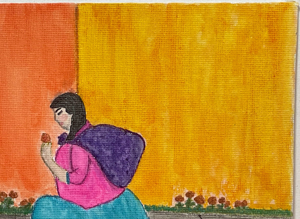 Original Watercolor Painting on Canvas Artwork "Cortando Una Flor" or “Picking Up a Flower”