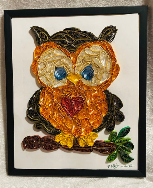 Handcrafted Quilled Paper Art Red Heart Owl