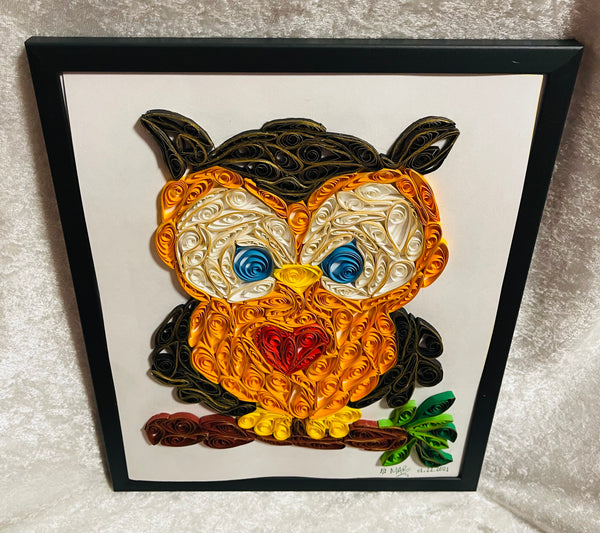 Handcrafted Quilled Paper Art Red Heart Owl