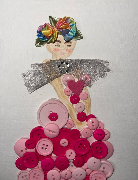 Handcrafted Paper Art Lady in Pink Buttons