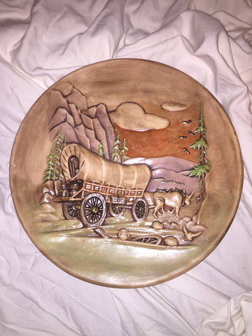 Vintage Handmade Hanging Big Plate Western Wagon