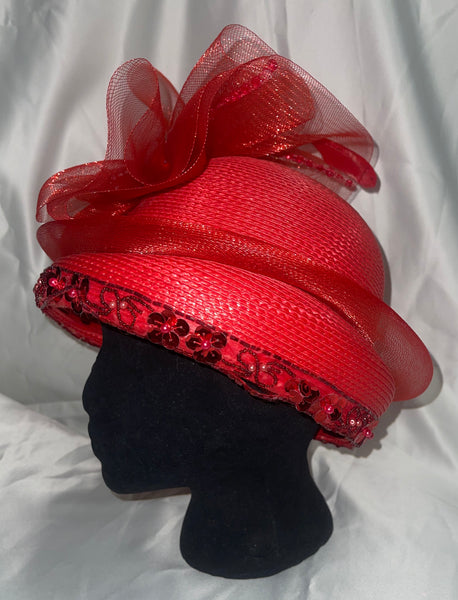 1980’s Red Straw Church Formal Classic Statement Hat