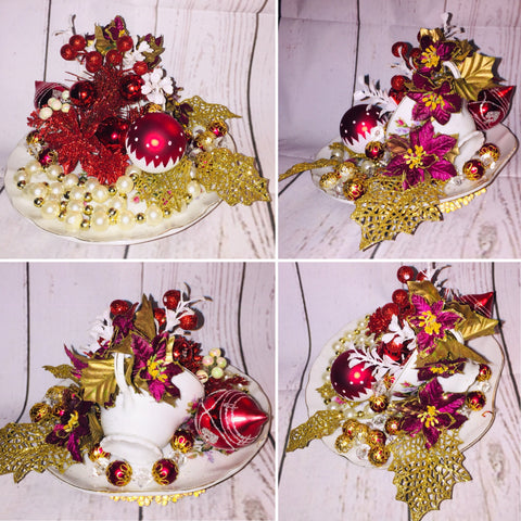 Handcrafted Cup/Saucer Floral Christmas Decor