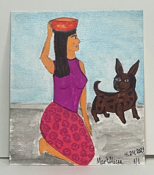 Original Watercolor Painting on Paper Artwork "La Mujer y Su Perro” or “Woman and Her Dog”