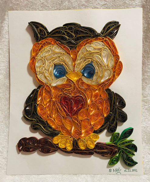 Handcrafted Quilled Paper Art Red Heart Owl