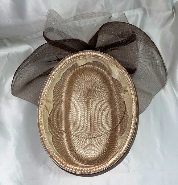 1980’s Beige and Burgundy Straw Pillbox Style Church Hat