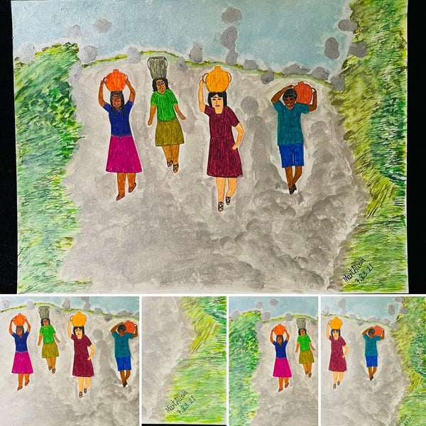 Original Watercolor Painting Artwork "Acarreando Agua del Río" Folk-Art