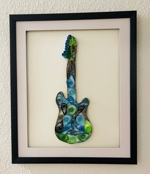 Handcrafted Quilled Paper Art Green Electric Guitar Wall Decor