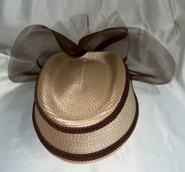 1980’s Beige and Burgundy Straw Pillbox Style Church Hat