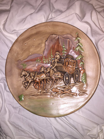 Vintage Handmade Hanging Big Plate Western Wagon w/Horses