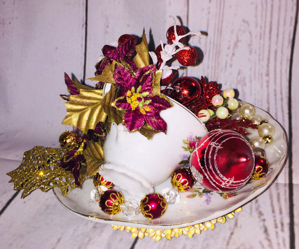 Handcrafted Cup/Saucer Floral Christmas Decor