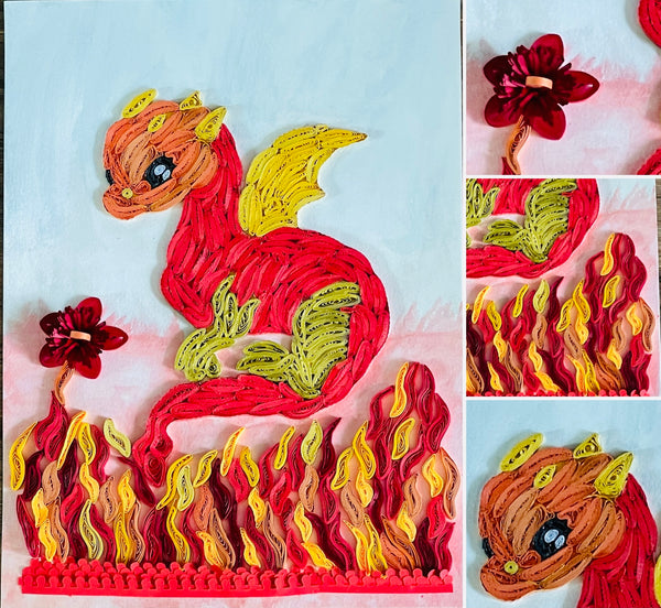 Handcrafted Quilled Paper Art Red Dragon with Golden Wings