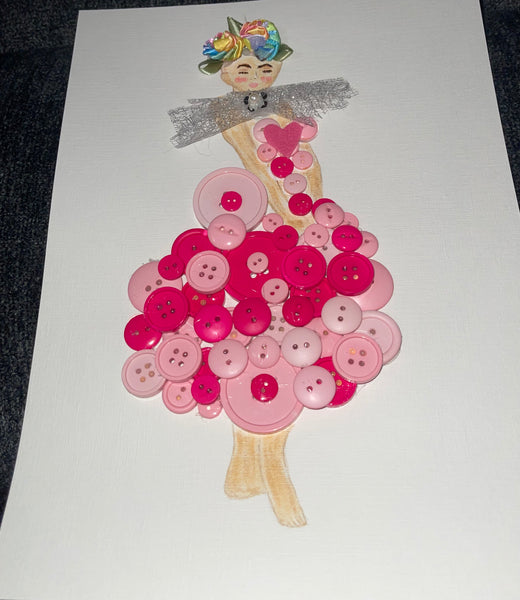 Handcrafted Paper Art Lady in Pink Buttons