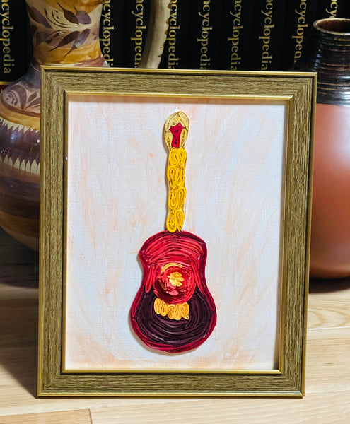 Handcrafted Quilled Paper Art Red Classic Guitar Wall Decor