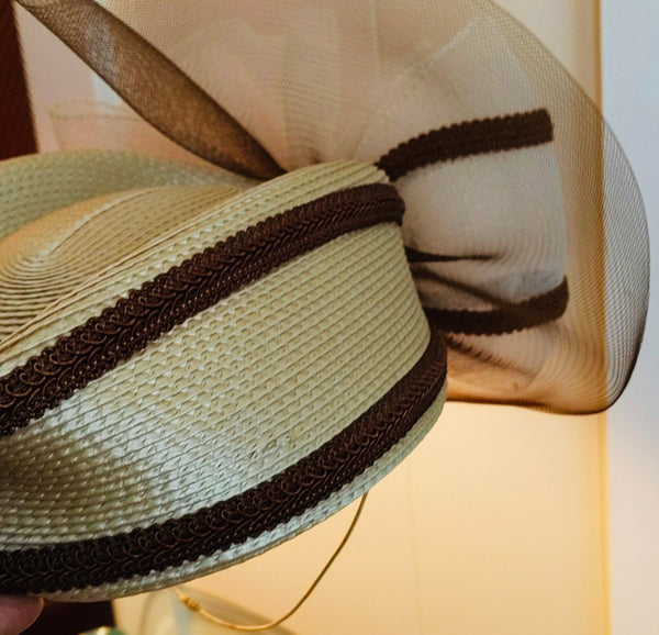 1980’s Beige and Burgundy Straw Pillbox Style Church Hat