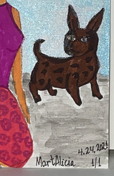 Original Watercolor Painting on Paper Artwork "La Mujer y Su Perro” or “Woman and Her Dog”