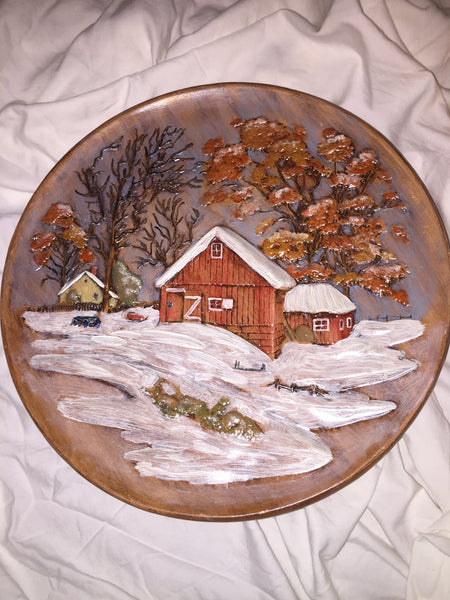 Vintage Handmade Hanging Big Plate Winter House "As Is"