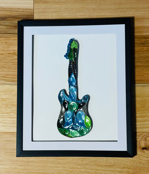 Handcrafted Quilled Paper Art Green Electric Guitar Wall Decor