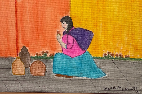 Original Watercolor Painting on Canvas Artwork "Cortando Una Flor" or “Picking Up a Flower”