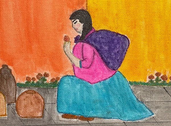 Original Watercolor Painting on Canvas Artwork "Cortando Una Flor" or “Picking Up a Flower”