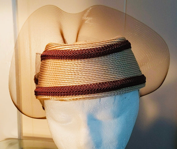 1980’s Beige and Burgundy Straw Pillbox Style Church Hat