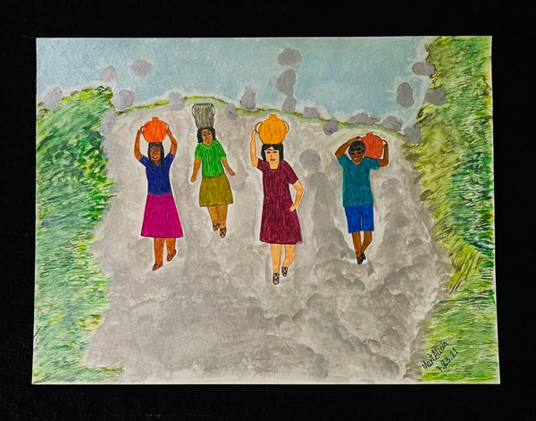 Original Watercolor Painting Artwork "Acarreando Agua del Río" Folk-Art