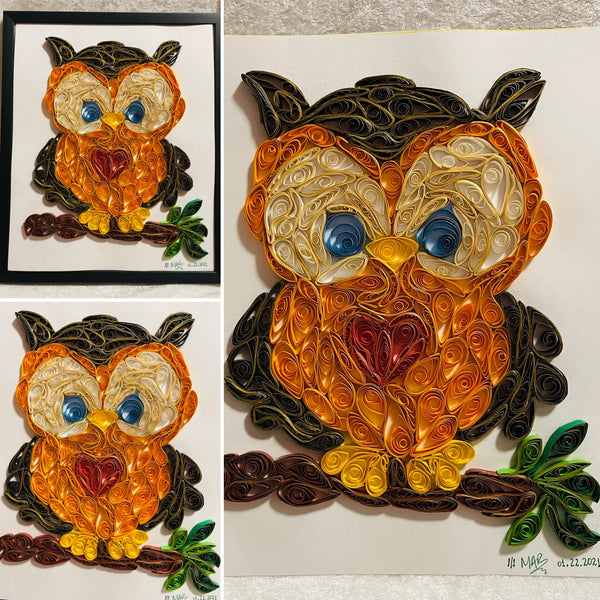 Handcrafted Quilled Paper Art Red Heart Owl