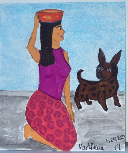 Original Watercolor Painting on Paper Artwork "La Mujer y Su Perro” or “Woman and Her Dog”