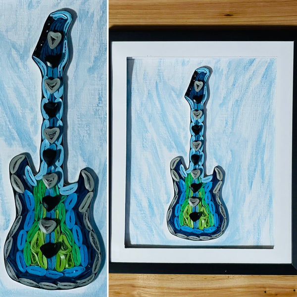 Handcrafted Quilled Paper Art Blue Electric Guitar Wall Decor