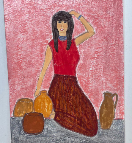 Original Watercolor Painting on Paper Artwork "Joven Posando con Vasijas” or “Young Woman Posing with Vessels”