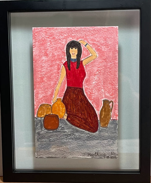 Original Watercolor Painting on Paper Artwork "Joven Posando con Vasijas” or “Young Woman Posing with Vessels”