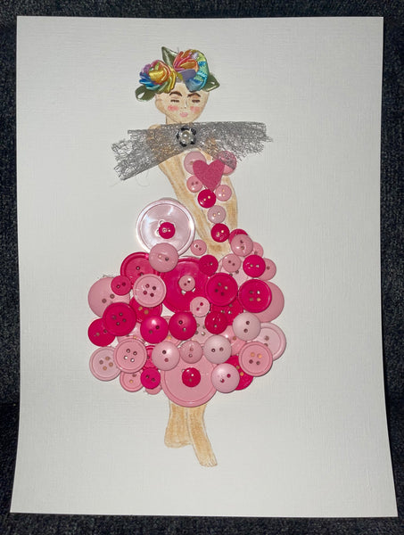 Handcrafted Paper Art Lady in Pink Buttons