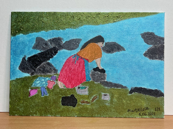 Original Acrylic and Watercolor Painting on Canvas Artwork "Lavando Ropa" or “Washing Clothing”