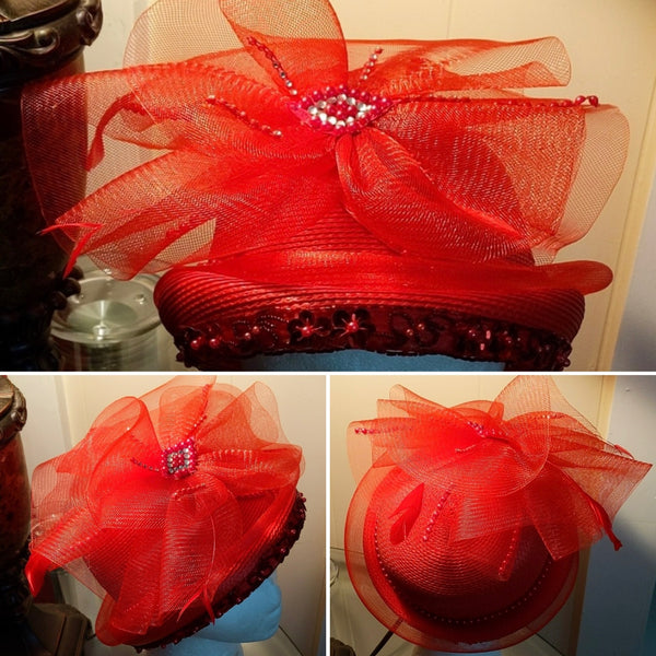 1980’s Red Straw Church Formal Classic Statement Hat