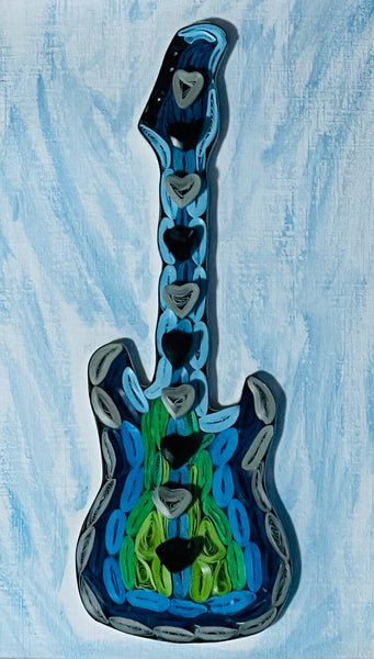 Handcrafted Quilled Paper Art Blue Electric Guitar Wall Decor