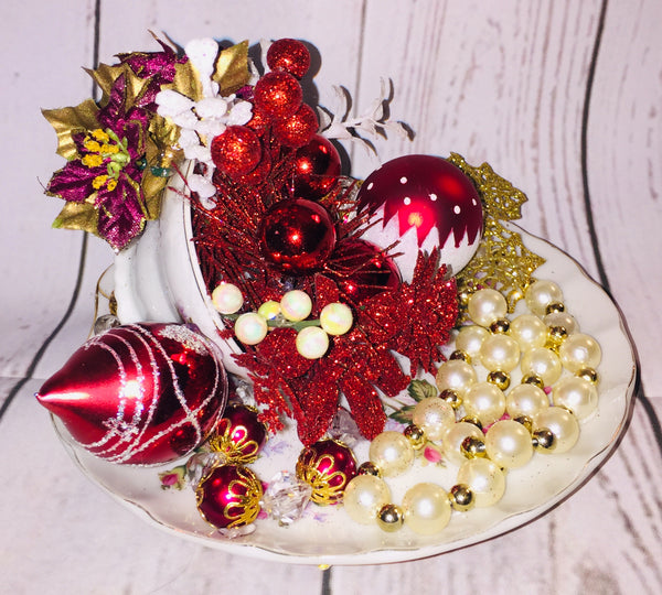 Handcrafted Cup/Saucer Floral Christmas Decor