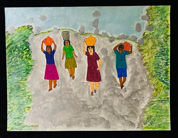 Original Watercolor Painting Artwork "Acarreando Agua del Río" Folk-Art