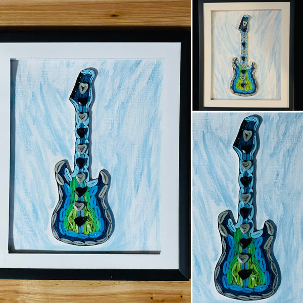 Handcrafted Quilled Paper Art Blue Electric Guitar Wall Decor