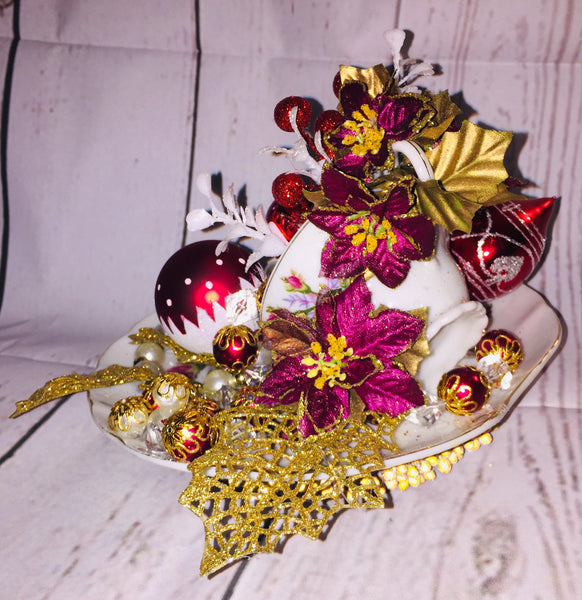 Handcrafted Cup/Saucer Floral Christmas Decor