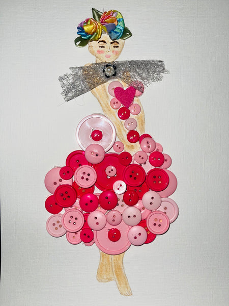 Handcrafted Paper Art Lady in Pink Buttons