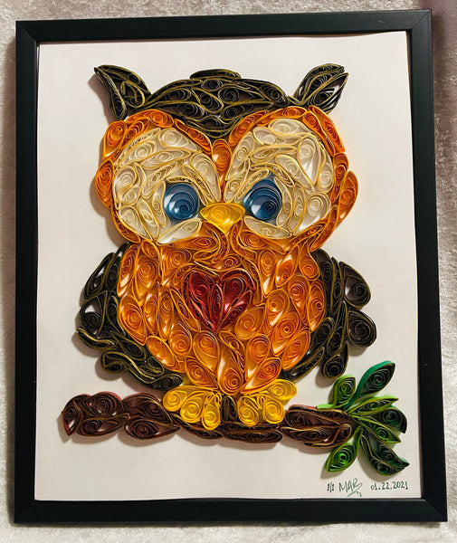 Handcrafted Quilled Paper Art Red Heart Owl