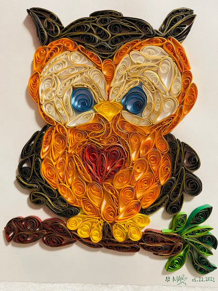 Handcrafted Quilled Paper Art Red Heart Owl