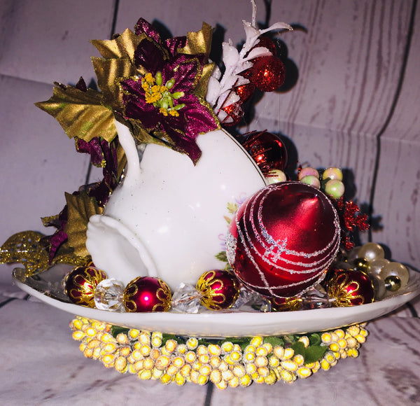 Handcrafted Cup/Saucer Floral Christmas Decor