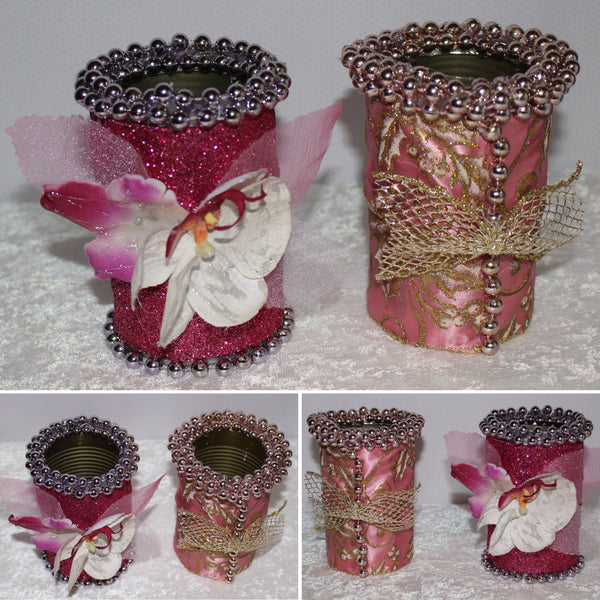 Shabby Chic Wrapped Decorated Tin Cans