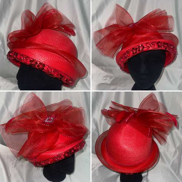 1980’s Red Straw Church Formal Classic Statement Hat