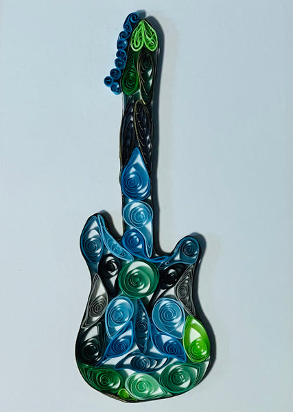 Handcrafted Quilled Paper Art Green Electric Guitar Wall Decor