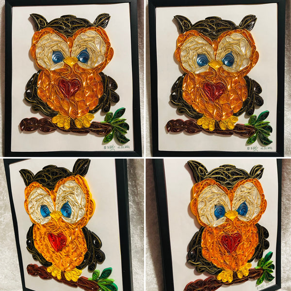 Handcrafted Quilled Paper Art Red Heart Owl